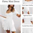 Women's Square Neck Puff Sleeve Mini Dresses Ruffle Elastic Waist A-Line Elegant Summer Casual Flowy Mini Dress (White)