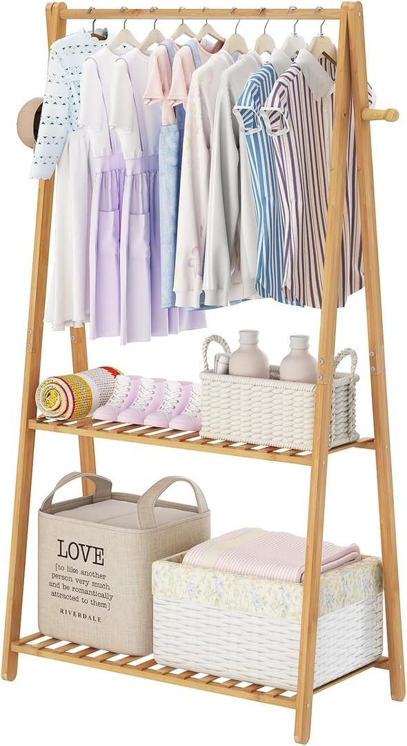 Kids Clothing Rack for Hanging Clothes,Small Toddler Clothes Racks Bamboo Wooden Garment Dress Up Storage Costume Rack with Shelves for Laundry Drying,Short,Mini,Floor Standing