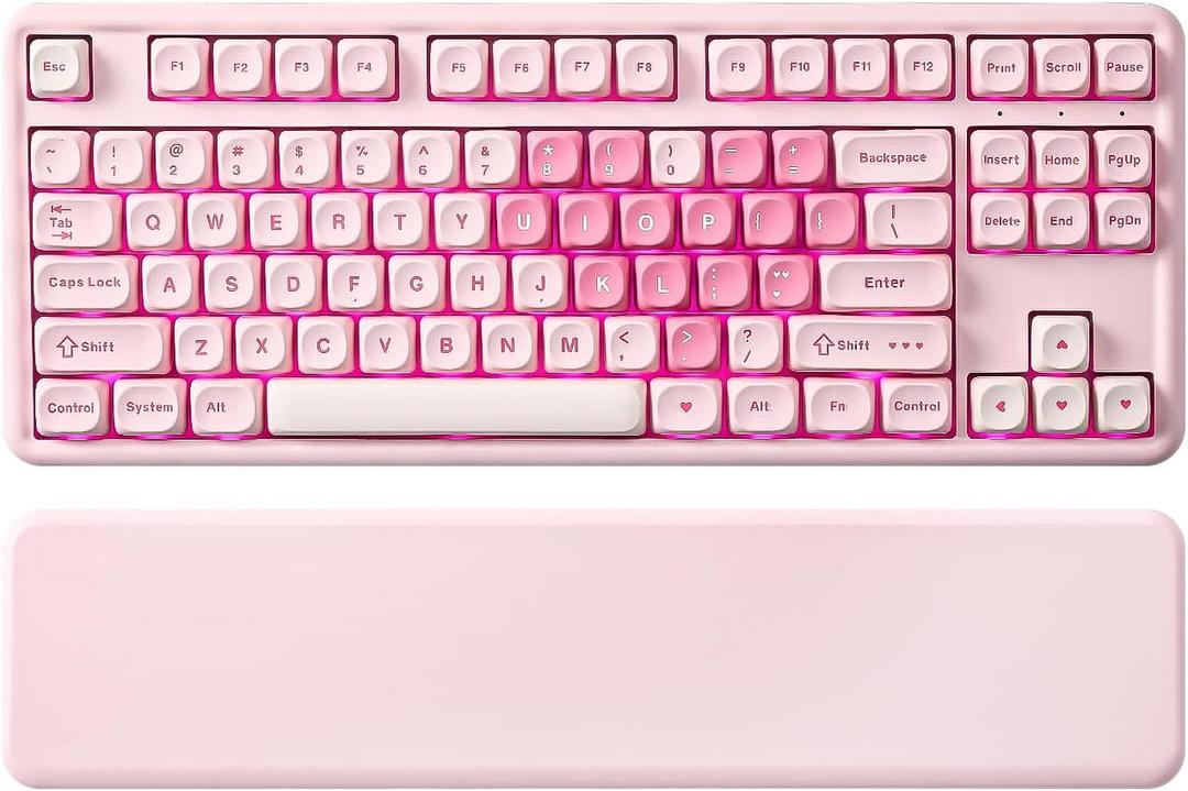 YUNZII B87 Wireless Mechanical Keyboard, QMK/ VIA Programmable, TKL Layout 87 Keys, BT/ 2.4G/ USB-C, Hot Swap Gasket Mount RGB Backlit Gaming with Wrist Rest for Win/ Mac (Pink, Milk V2)