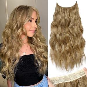 KooKaStyle Invisible Wire Hair Extensions with Transparent Headband Adjustable Size 4 Secure Clips Long Wavy Secret Wire Hairpiece 20 Inch Honey Blonde for Women