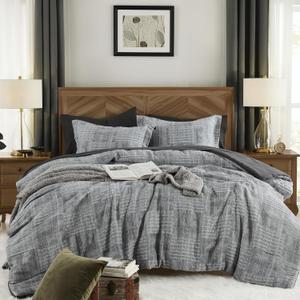 MaiRve Charcoal Grey Queen Comforter Set, Textured Design Grey Crinkle Bed in A Bag Queen Size, Queen Comforter Set with 7 Pieces with Comforter, Sheets, Pillowcases & Shams 90"x 90"