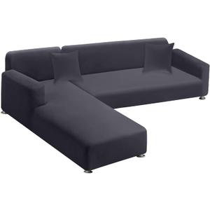 Sectional Couch Covers 2-Piece Softness L Shaped Sofa Cover Super Stretch L-Type Couch Slipcover with 2Pcs Pillowcases Sofa Slipcover 3 Seater + 3 Seater Furniture Protector (Dark Grey)