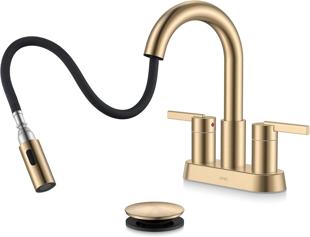 KENES Champagne Bronze Pull Down Bathroom Faucet, 4 Inch 2 Handle Centerset Bathroom Faucet 3 Hole with Pull Out Sprayer, Bathroom Vanity Faucet with Pop Up Drain & Supply Lines LJ-9069-CB