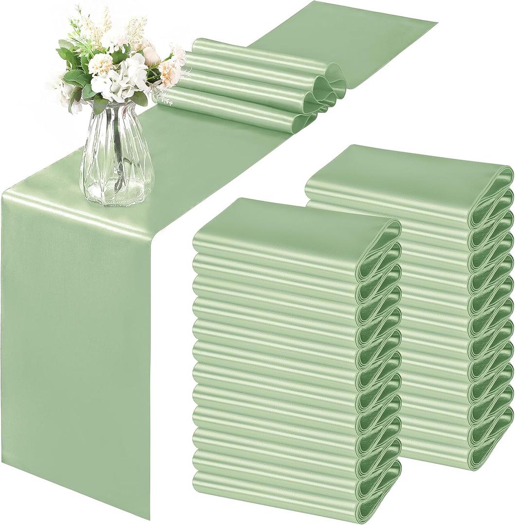 Horbaunal 24 Pack Sage Green Satin Table Runner 12 x 108 Inch, Smooth Table Runners for Wedding Banquets Birthday Party