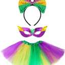 Fumwase 3Pcs Mardi Gras Accessory Set Tutus Skirt for Women Bowtie Headband Mask Mardi Gras Attire Outfit for Women Halloween Party