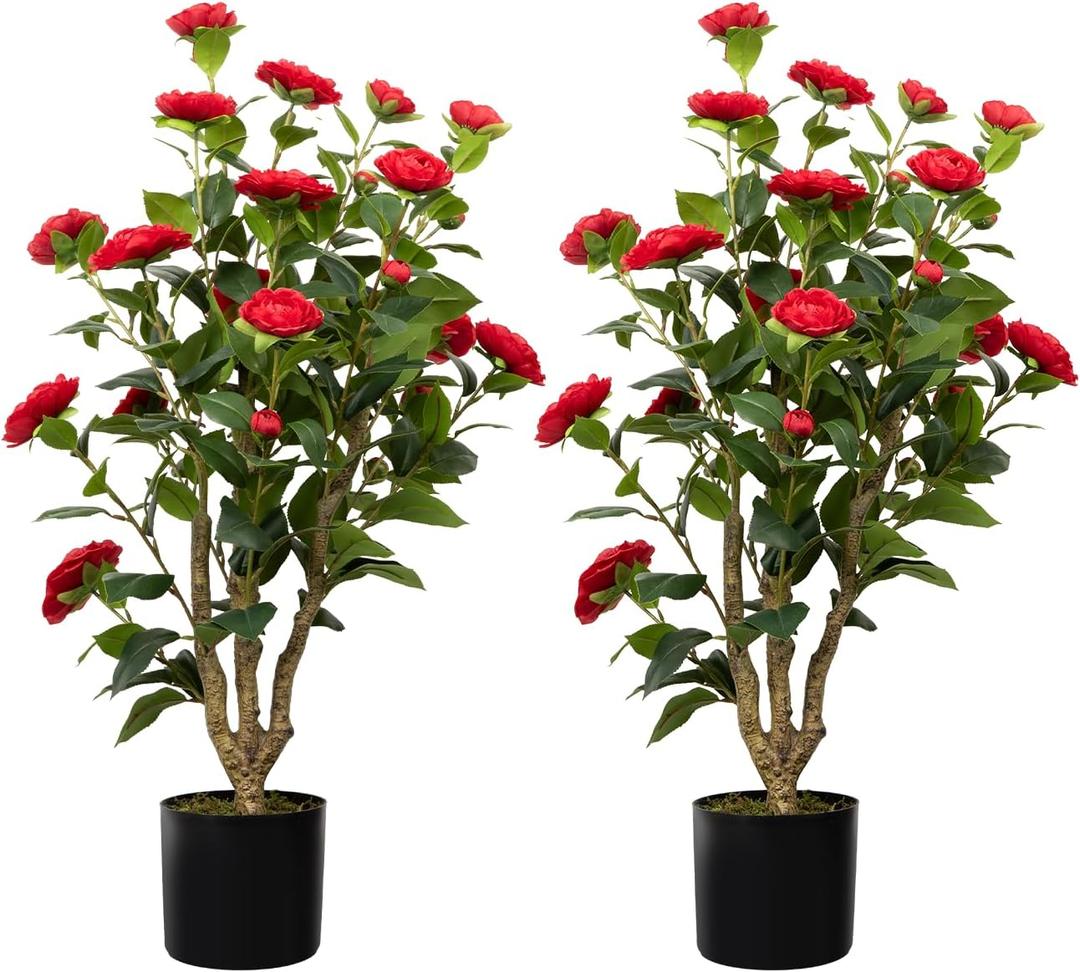 36 Artificial Camellia Tree 2 Packs, Faux Camellia Plant in Pot with Red Flowers, Greenery Camellia Tree for Spring Home Front Door Outdoor Indoor Decoration, Red (3FT)