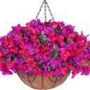Artificial Hanging Flowers Plant with Basket for Outdoors, Fake Hanging Plants Silk Bougainvillea in Planter Look Real UV Resistant Faux Flower for Outside Porch Patio Garden Home Decor, Purple Hotpink