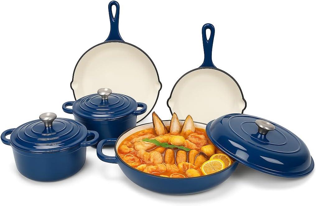 Nonstick Enameled Cast Iron Cookware Set, 8-Pcs Pots and Pans with Lid, Frying Pan Skillet, Sauce Pan, Healthy Round Dutch Oven Pot for Sourdough Bread Baking on All Stovetop, Come with Organizer,Navy