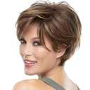 QUEENTAS Short Wigs for White Women Bob Brown Pixie Cut Wig Realistic Synthetic Brunette Wig with Bangs for Daily(Brown Mixed Blonde)