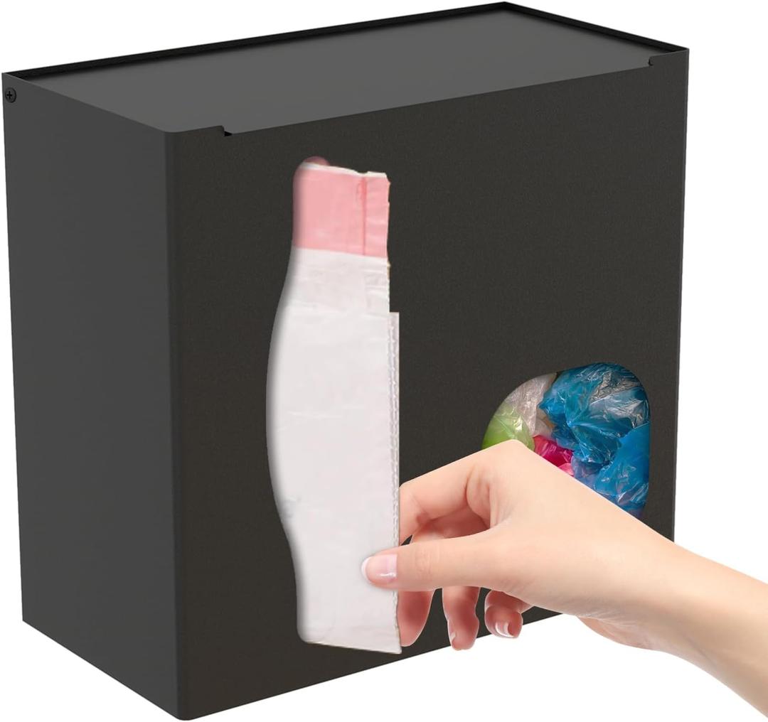 STWWO 2 in 1 Grocery Bag Holder & Trash Bag Holder Dispenser, Kitchen Grocery Storage Organizer for Cabinet, Under Sink, Wall Mounted or Countertop, Metal Black