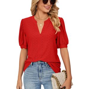 PerZeal Women's Summer Tops Tunic V Neck Ruffle Half Sleeve Blouses Short Sleeve Casual Loose Tops T-Shirts Red Large
