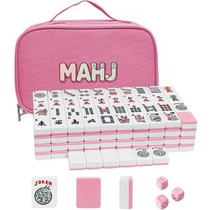Pink American Mahjong Tile Set - 166 Mahjong Tiles 1.2-inch Engraved Mahjong Sets Cute, Portable Mahjong Game with Carrying Bag and 3 Dices, for Family Game Night