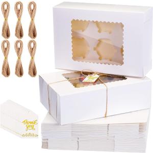 36 Pack Cupcake Boxes Hold 6 Count Disposable Cupcake Containers with Window and Cake Carrier with Thanks Card and Jute Rope to Muffins Cupcakes Cookies Gift Wrapping(White)