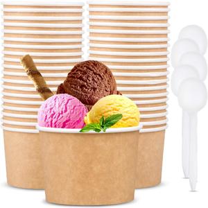 Promora 12oz Paper Ice Cream Cups Disposable 50 Count + Spoons, Bowls for Hot Soup/Dessert with Spoons, Perfect for Hot & Cold Food, Disposable Soup Bowls, Ice Cream Bowls, Frozen Yogurt (Brown 12oz)