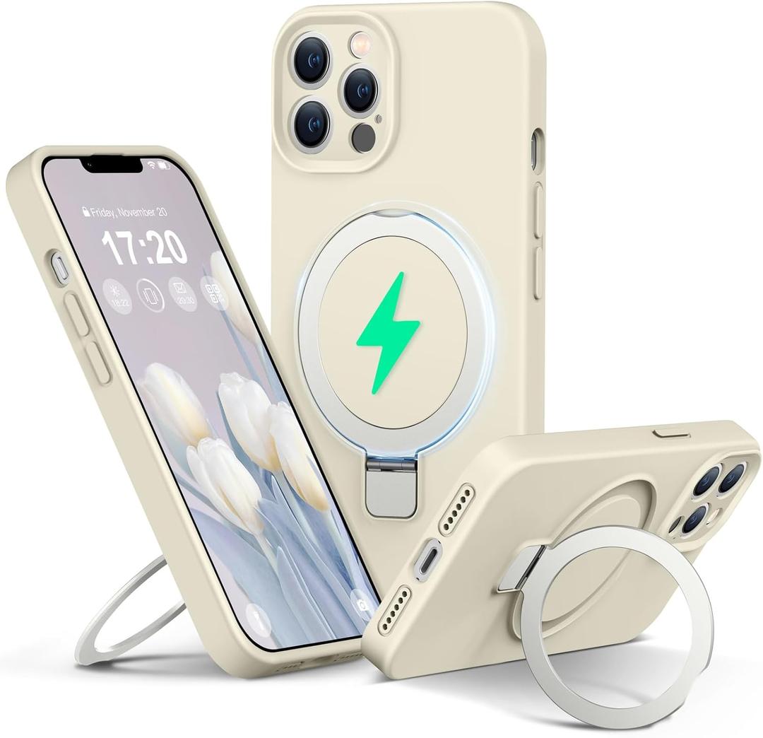 Liquid Silicone Case for iPhone 12 pro with Magnetic Ring Stand, Upgraded Camera Lens Protection, Mil-Grade Drop Shockproof, Anti-Scratch Microfiber Lining Silicone Case (Beige)