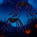 2Pack Upgraded 6.6FT Giant Spiders Halloween Spiders Decorations, 50LED Creepy Light up Spiders with 6 Lighting Mode, 2 Red Eyes, Black Hairy Scary Fake Spiders Halloween Spider Outdoor Decorations