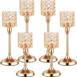 Sieral 6 Pcs Crystal Candle Holders Bulk Tall Tea Light Candlestick Wedding Dining Table Centerpieces for Fireplace Candelabra Living Room Home Decoration(Gold,10'', 12'', 14'')