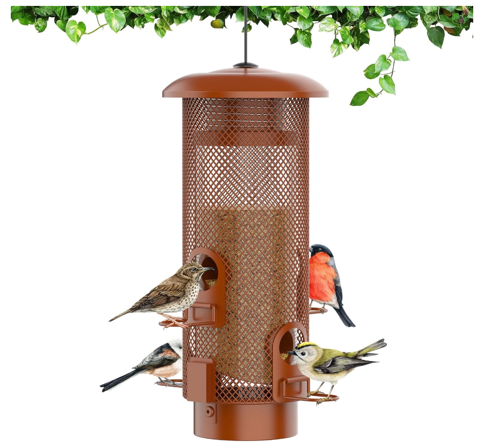 Metal Squirrel Proof Bird Feeder,Bird Feeders for Outdoors,Weight Activated Squirrel Proof Wild Bird Feeders with Finch Cardinal Chickadee,Large Capacity,Weatherproof and Durable,Reddish Brown