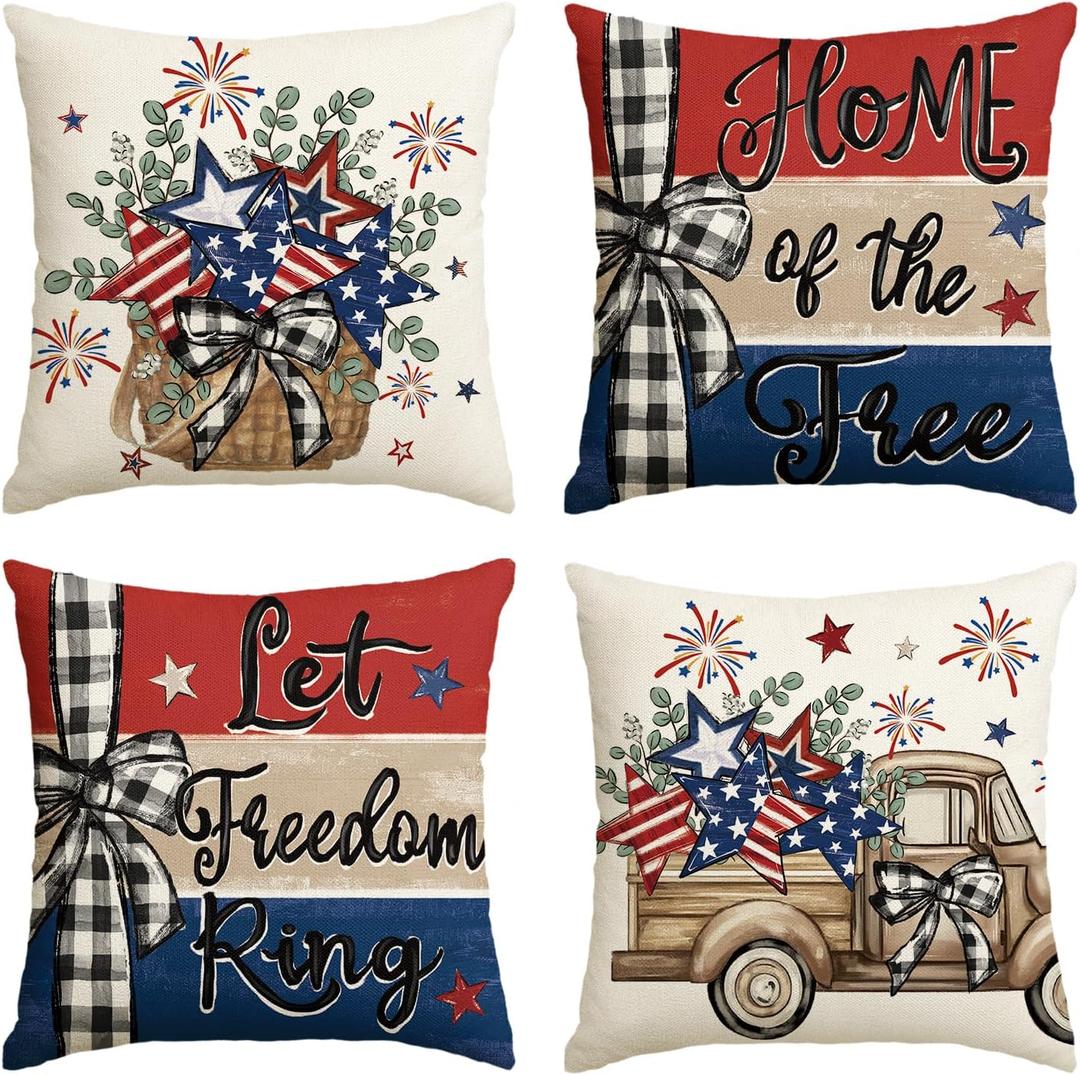 AVOIN colorlife Let Freedom Free Eucalyptus Stars Fireworks Car Throw Pillow Covers, 18 x 18 Inch 4th of July Patriotic Independence Memorial Day USA Flag Cushion Case Decorations Set of 4