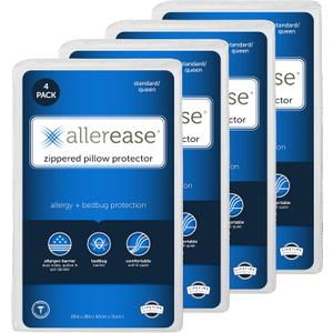 Set of 4 Standard/Queen AllerEase Pillow Protectors - Moisture Wicking, Advanced Allergy Protection - Premium Polyester, Zippered Protectors