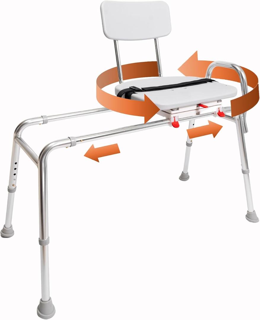 Eagle Health Supplies Sliding Shower Chair Tub Transfer Bench with Swivel Seat, FSA/HSA Eligible, Height Adjustable Shower Benches for Inside Shower, Shower Seat for Elderly and Disabled, 77662