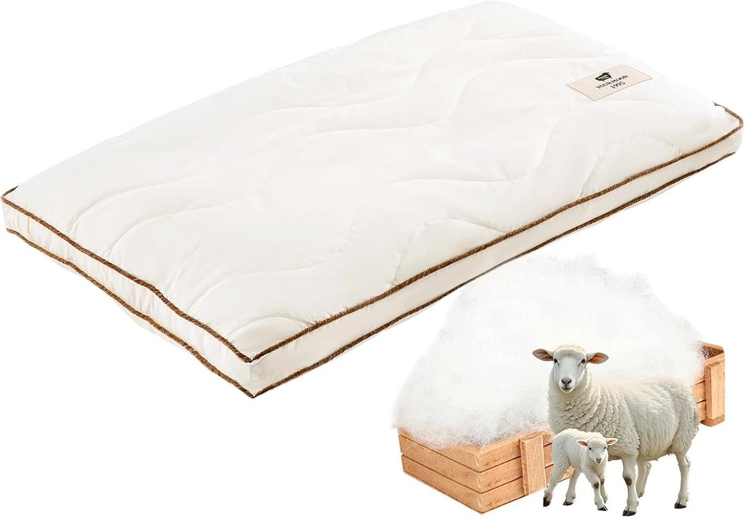 YOUR MOON Medium Soft Natural Wool Pillow Queen, Flat & Thin Wool Pillow for Sleeping, Low-Loft Bed Pillows for Back and Stomach Sleepers, Breathable Soft Cotton Cover(Off White)