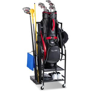 Golf Bags Storage Garage Organizer - Golf Bag Stand Fit Single Golf Bags, Golf Clubs, and Golf Equipment Accessories, Golf Bag Storage Rack with Wheels for Garage, Club, Shed, Basement (Black - Without Bottom Drawer Basket)