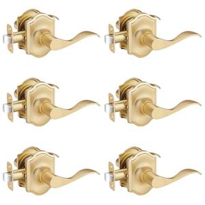 Bonpoly 6 Pack Brushed Gold Door Handles, Closet Door Knobs Interior, Non Locking Passage Door Handle for Hallway/Pantry, Keyless Wave Door Lever, Reversible for Left or Right Handed Doors
