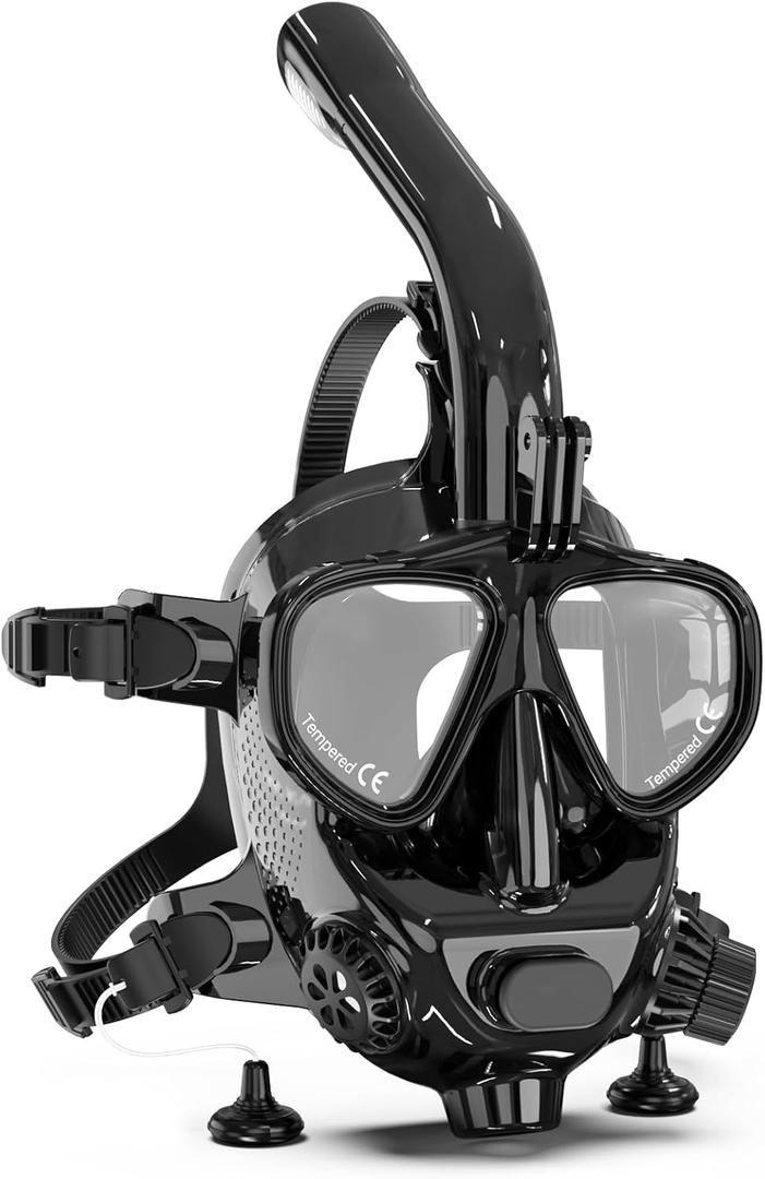 Full Face Dive Mask Support Diving & Snorkeling, Full Face Snorkel Mask Adjustable Scuba Mask with Camera Mount Provide 180 View Panoramic Compatiable with SMACO 1L/1.9L Mini Scuba Tanks