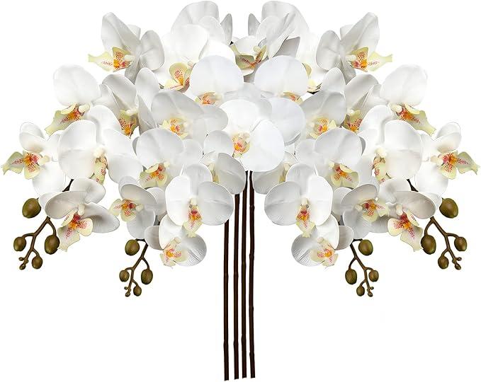 DILATATA 4 Pcs Fake Orchid Flowers 9 Large Heads of Real Touch Vivid Phalaenopsis Orchid Flower Stem 36'' Tall, Artificial Flowers Branches for Home Decor, Office House Deco-Blue Flowers