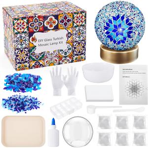 Baquler Turkish Mosaic Lamp Kit DIY Stained Glass Decorative Table Bedside Night Light Tabletop Bohemian Moroccan Lamp Craft Kit for Living Room Decorations (Blue)
