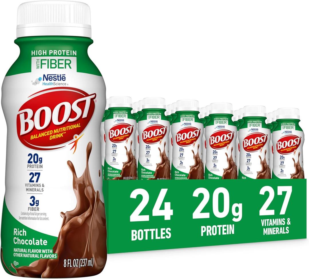 BOOST High Protein with Fiber Ready to Drink Complete Nutritional Drink, Rich Chocolate, 8 fl oz Bottle, 24 Pack, BBD 29 SEP 2026