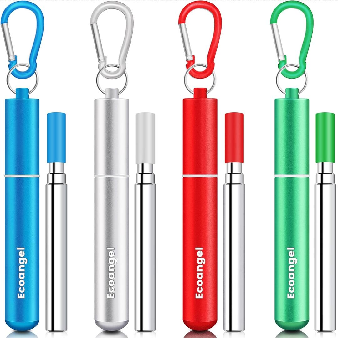 Cruise Ship Essentials,4-Pack reusable Collapsible Stainless Steel Drinking Straws with Aluminum Case, Cleaning Brush, and Keychains-Silver, Blue, Red, Green