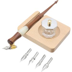 Crapyt 1 Set Wood Dip Pen with 5 Pcs Stainless Steel Oblique Nibs Desktop Pen Holder Holder Ink Well for Dip Pen Calligraphy Drawing(Light Brown)