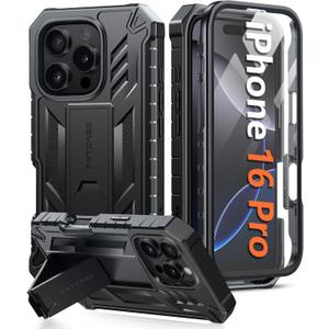 FNTCASE for iPhone 16 Pro Case: Military Grade Drop Proof Protection Mobile Cover with Kickstand | Matte Textured Rugged Shockproof TPU | Protective Sturdy Phone Case - 6.3 inch Black