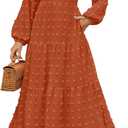 ZESICA Women's Spring Long Sleeve Maxi Dresses 2026 Crew Neck Swiss Dot Tiered Flowy A Line Wedding Cocktail Party Dress (Orange)