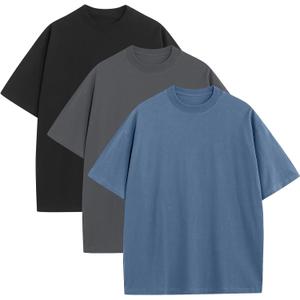 3 Pack Mens Oversized T-Shirts Fashion Loose Fit Crewneck Tshirt Streetwear Heavyweight Short Sleeve Tee Shirt Gym Workout Tops(BLGYBK, 2XL)