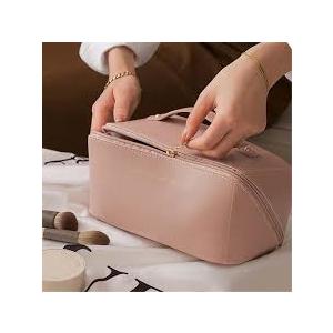 Lunarsoft Leather Makeup Bag,Pink Large Cosmetic Case with Dividers & Handle, Water-Resistant Lining, Multi-Pockets, Portable Toiletry Bag Organizer,Packing Underwear Organizer Bag