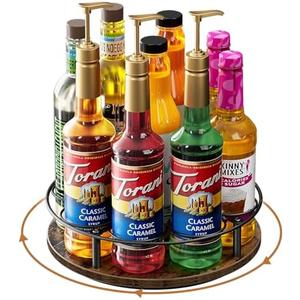 Nuovoware 9 Bottles Rotating Coffee Syrup Rack, Coffee Syrup Rack Organizer Carbon Steel Frame with Wooden Base Bottle Holder for Syrups Table Top Thermos Liquor, Brown+Black