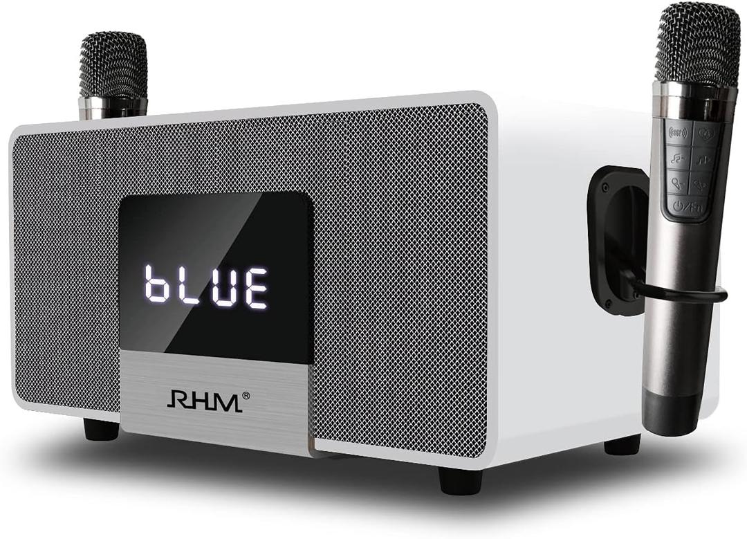 RHM K222 Karaoke Machine, Connect to TV via Optical or Bluetooth, with Powerful Sound, Deep Bass, 2 UHF Wireless Mics & 5 Music Modes, Support AUX/USB/PC, Wooden Karaoke Speaker for Home Party (White)