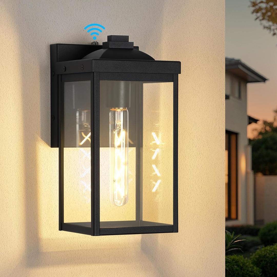 Dusk to Dawn Outdoor Wall Light Fixtures with Photocell Sensor, Front Porch Lights Waterproof, Black Exterior Wall Mount Sconce with Clear Glass for Garage Patio House, E26, OS-JJ249-BK-1PK (1-Pack, Medium)