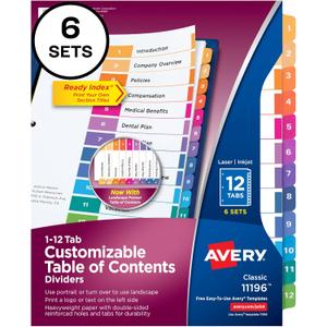 Avery 12 Tab Dividers for 3 Ring Binders, Customizable Table of Contents, Multicolor Tabs, 6 Sets (11196) (12 tabs)