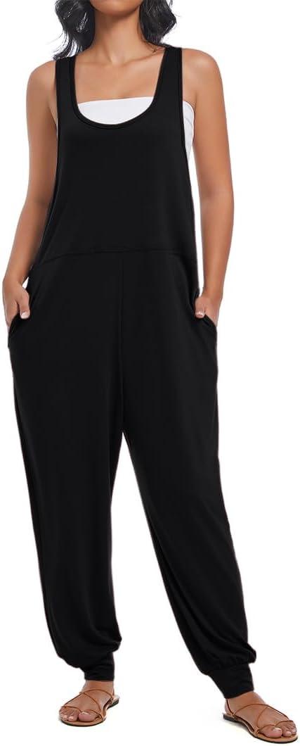 Nfsion Women's Casual Loose Sleeveless Jumpsuits Harem Long Pants Romper Overalls with Pockets Summer Trendy Outfits, Medium Black