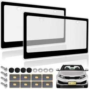 BGGTMO Clear License Plate Covers- Black Car Tag Frame, Unbreakable Number Plate Protector with Screws Caps and Rattle Proof Pads, 2 Pack for Front Rear