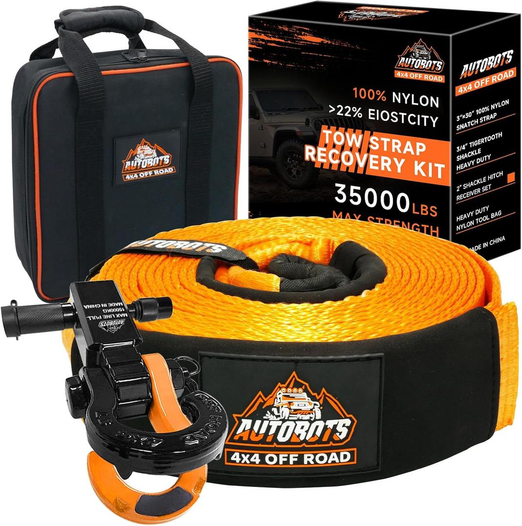 AUTOBOTS Tow Strap Heavy Duty 3" x 30 ft (35,000 lbs) with Shackle Hitch Receiver Hooks Winch Recovery Rope Towing Strap Offroad Recovery Kit for Jeep Truck Vehicle