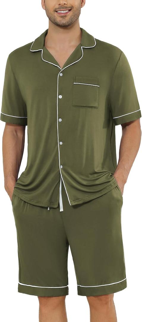 Veseacky Mens Pajamas Set Short Sleeve Soft Button Down Sleepwear Two Piece Mens Loungewear Pjs Set with Pockets  (Medium, Olive Green)
