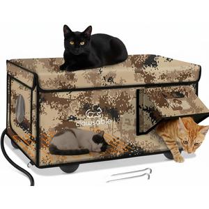 Indestructible Heated Cat House for Outside Cats Winter, 100% Weatherproof, Safe Escape Door, Insulated Outdoor Cat Shelter with Heater for Feral Barn Cat Kitty (Desert Camouflage, 26"x17"x14")