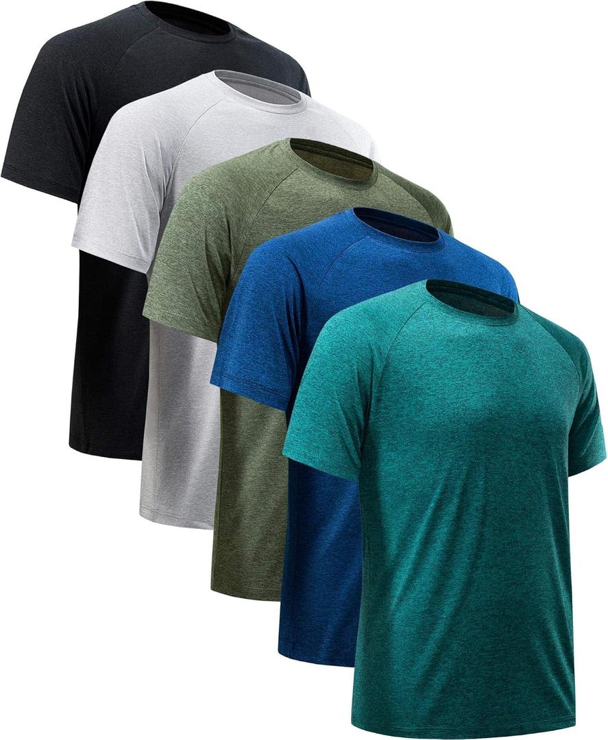 Workout Shirts for Men Short Sleeve Quick Dry Athletic Gym Active T Shirt Moisture Wicking (X-Large, 5 Pack Black, Dark Blue, Army Green, Light Grey, Hydro Teal)