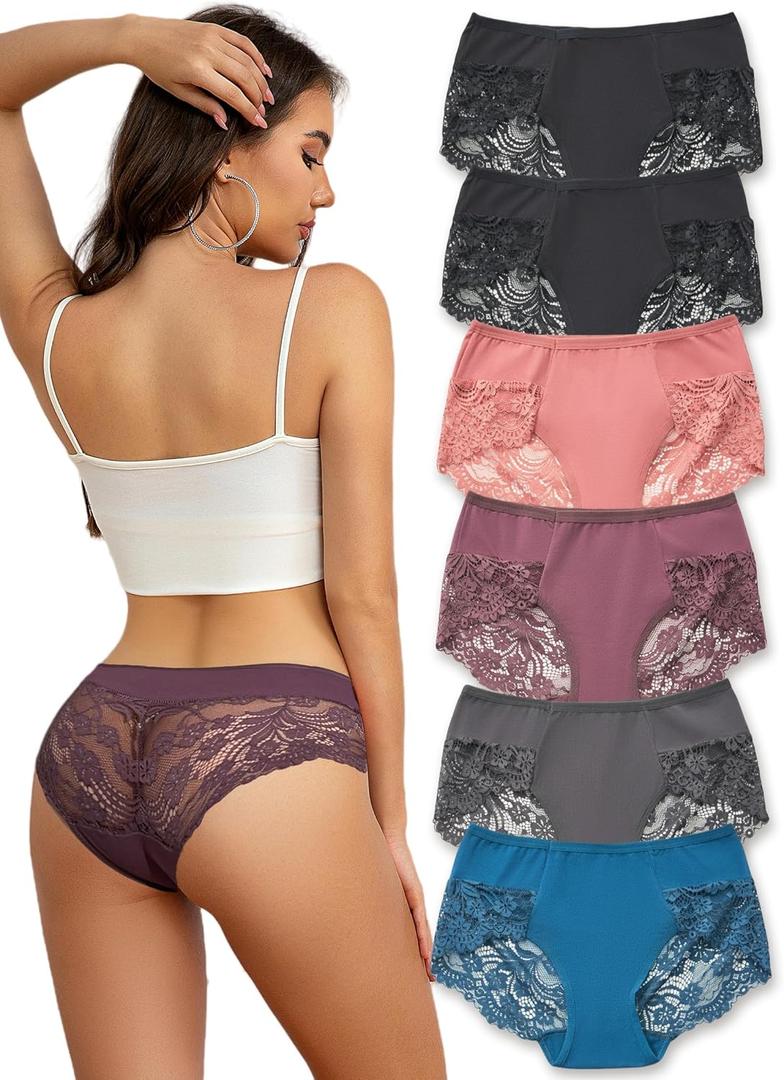 Sexy Panties For Women Lacy Underwear Women Cheeky Panties High-Waist Sexy Lace Womens Solid Underpants Pack (Small, 6pcs-black/Pink/Navy Blue/Grey/Purple)