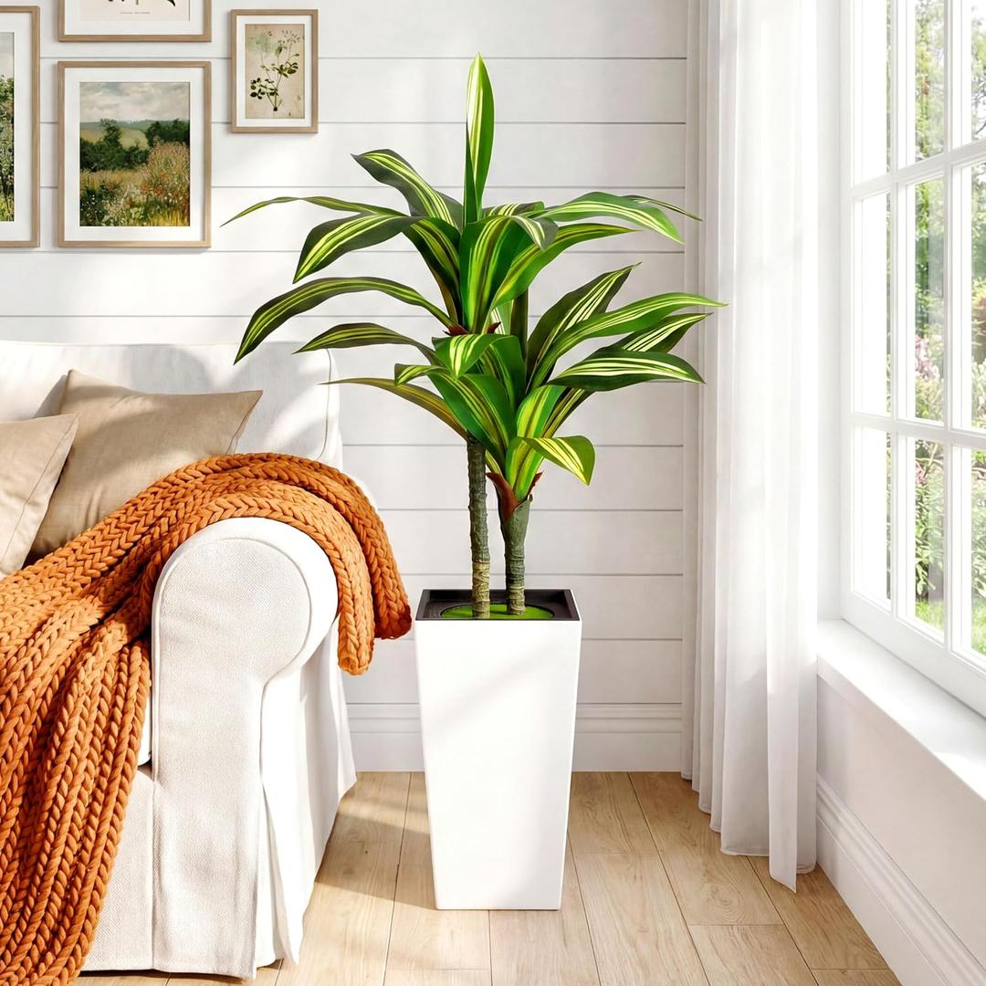 4FT Dracaena Artificial Plant, with White Tall Planter